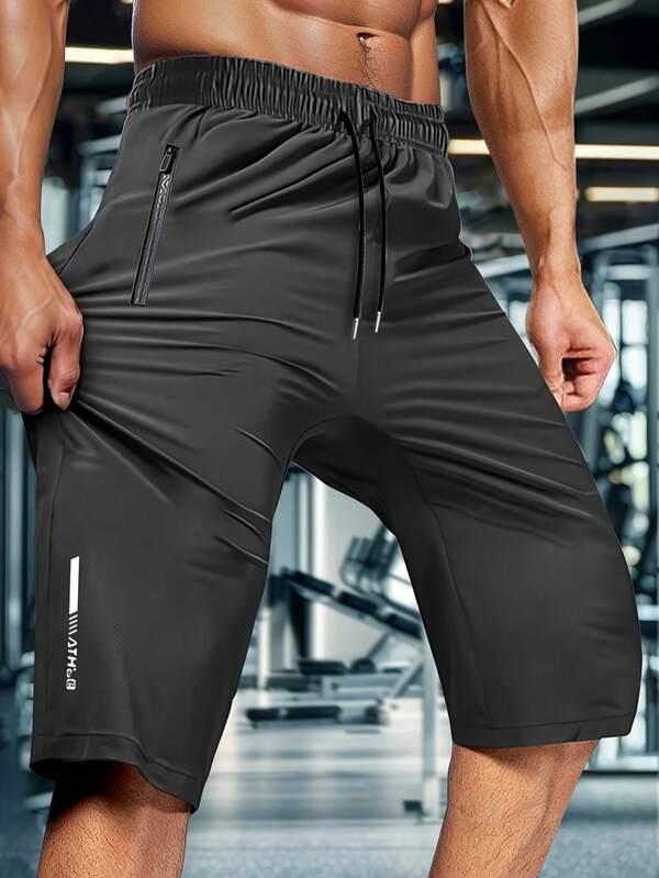 Men's Summer Casual Sports Shorts, High Elasticity Fabric With Zipper Pockets, Drawstring Waist, Quick-Dry Material, Suitable For Running And Daily Wear Black