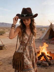 男女通用牛仔帽，宽檐时尚牛头皮带设计西部牛仔帽，适合日常和派对穿着 - 彩色 - 查看 5