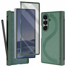 商务内置笔手机壳，兼容三星 Galaxy Fold7、Fold6、Fold5、Fold4、Fold 7/6/5/4，仿皮全包保护套 - 綠色 - 查看 6