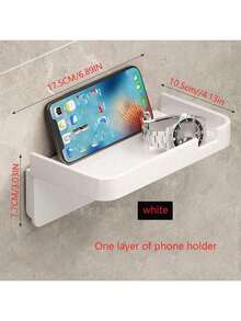 1个壁挂式卫生纸架，带置物架和手机支架，塑料材质，自粘式，无需钻孔，卫生纸卷分配器 - 彩色 - 查看 9