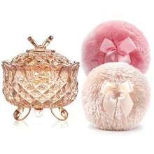Contenedor de polvo de vidrio de lujo de 4 pulgadas con 2 borlas suaves para polvo suelto - 1 Puff beige y 1 lazo rosa con mariposa-ámbar - Ver 8