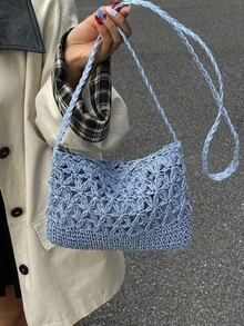 Summer Fashion Versatile Casual Handwoven Large Capacity Beach Straw Crossbody Bag - Blue - View 7