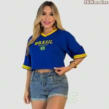 Women's Oversized Cropped Top With Brazil Print, 100% Cotton, Prime Fabric, World Cup 2026, Blouse, T-Shirt, International Fashion. - 寶藍色 - 查看 2
