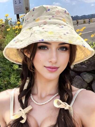 Cute & Sweet Floral Double-Sided Bucket Hat, Large Brim Sun Protection For Summer, Petite Look