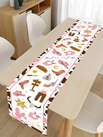 1件 35*180厘米 粉色西部牛仔主题桌旗，生日派对桌布，少女西部乡村风格桌旗，家居装饰道具，餐桌装饰，橱柜罩，餐厅餐桌中心装饰，房间装饰，家居装饰，户外露营野餐桌布，生日礼物，牛仔主题生日派对，西部风格家庭聚会