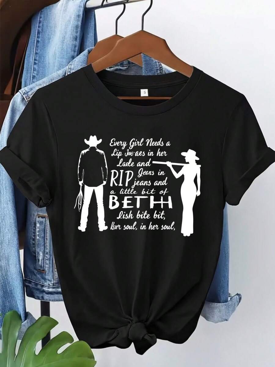 Women'S Black Graphic T-Shirt With "Every Needs A Little Rip In Her Jeans & Beth In Her Soul" Slogan - Vintage-Inspired Casual Crew Neck Short Sleeve Tee, Regular Fit, Machine Washable, Spring Summer Fall Essential For Everyday Outfits & Country Mus - Black - View 1