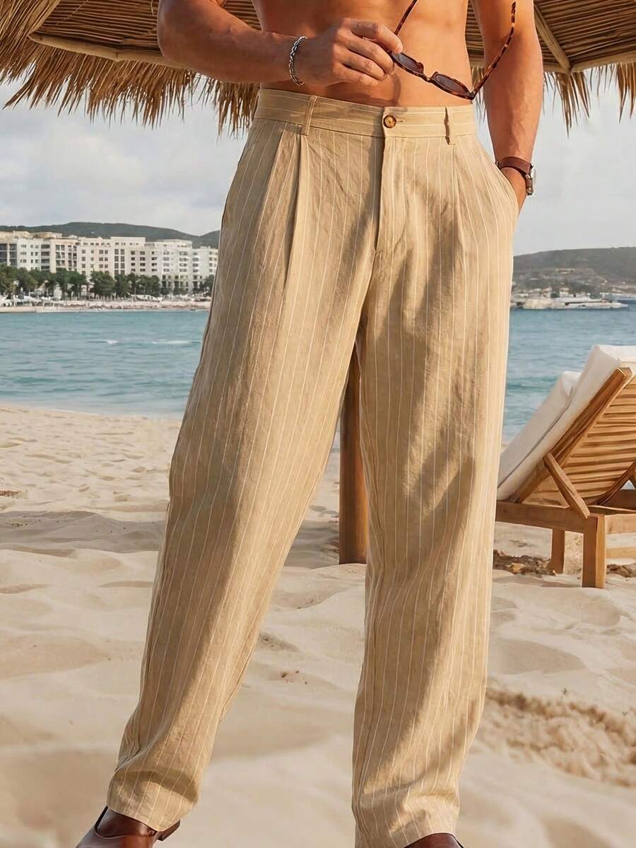 Quần ống đứng kẻ sọc kiểu Mỹ, cạp cao, dáng rộng, đa năng, thích hợp cho nam giới, mùa thu. - Màu Khaki - Xem 1