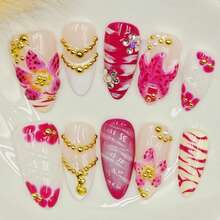 10pcs Handmade Press On False Nails Pink White Tropical Floral Style 3D Flower Gold Chain Rhinestone Nail Charms Full Cover Nail Art Daily Wear Party Vacation Spring Summer Unas Postizas - Pink - View 1
