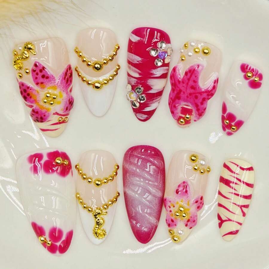 10pcs Handmade Press On False Nails Pink White Tropical Floral Style 3D Flower Gold Chain Rhinestone Nail Charms Full Cover Nail Art Daily Wear Party Vacation Spring Summer Unas Postizas - Pink - View 1