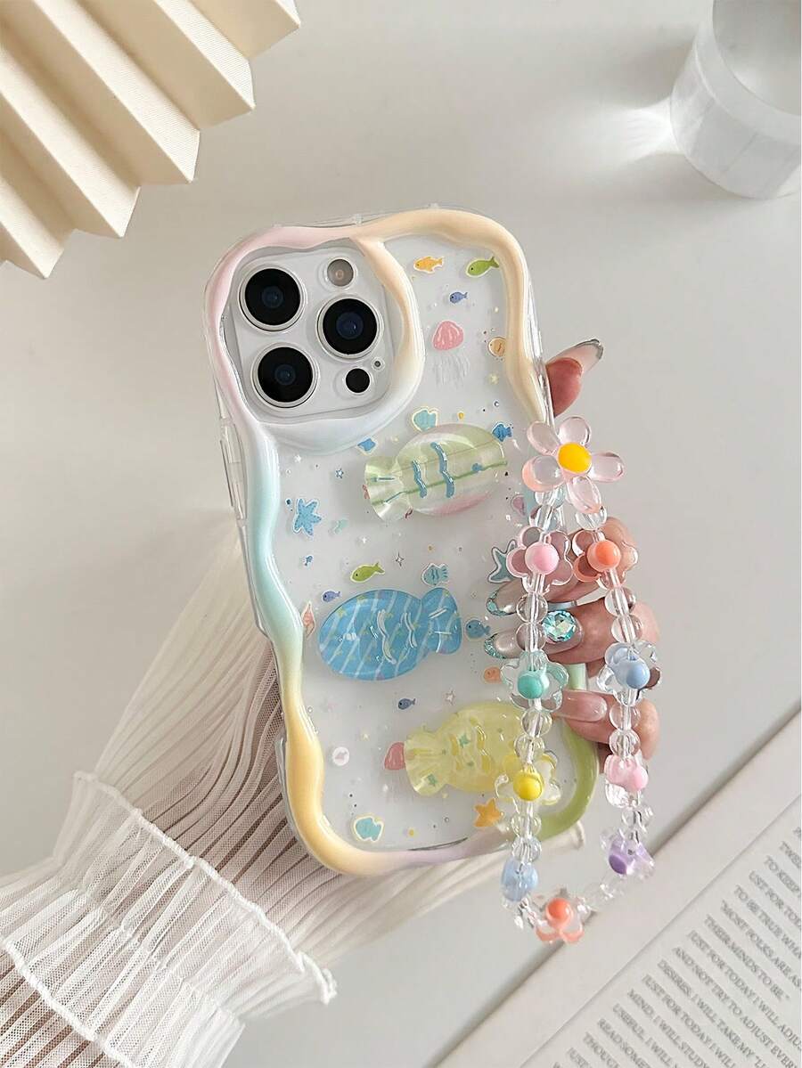 海洋彩绘海鱼装饰奶油色波浪边手链带简约防摔加厚手机保护壳，印花，兼容 17/17Pro/17ProMax/ 16 XR/7/8/ 15ProMax/12PROMAX/13PROMAX/14PROMAX/13/14/11/12P/14/P11/P12/XS/XR/78P/78GES2，适用于A134G/A22/A21S/A514G/A52/S22 Ultra/A335G/A34/A35，适用于Note 10/114G/11Lite/A53，TPU材质，适用于A14/A23/S23 Ultra/S24/A14/A15/S23/A73/A55/A54手机壳，国际版，非国内版 - 彩色 - 查看 1