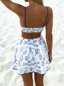 Women's Spring/Summer New Fashionable Casual Spaghetti Strap Backless Tie-Up Printed Blue Bodycon Mini Dress, Suitable For Beach, Vacation, Brunch - Blue - View 4
