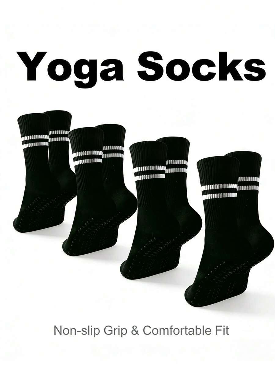 5 Pairs Women's Non-Slip Yoga Socks With Silicone Grips, Suitable For Pilates, Ballet - Black - View 1