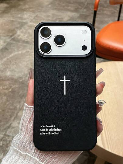 Minimalist White Cross Pattern Phone Case, Black Litchi Texture Leather, Anti-Fingerprint, Anti-Oil, Shock-Proof Protective Cover, "Psalms 46:5 God Is Within Her, She Will Not Fall" Inspirational Slogan, Fashionable Phone Case, Great Gift For Birthday/Holiday, Versatile Daily Use, Compatible With IPhone 17 Pro Max/17/17e, Cases & Galaxy Cases