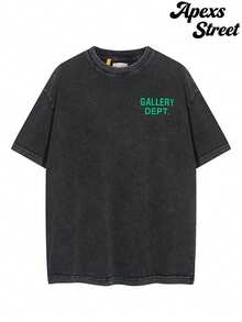 GALLERY  Letter Logo Green Maple Print T-Shirt,Washed T-Shirts, High-Quality Washed Cotton Printed T-Shirts, Menswear, Suitable For Street Retro Style As Well As Outdoor Sports And Leisure Occasions, Comfortable And Stylish, Y2K Apparel, Fashion T-Shirts, Streetwear, Exquisite Gifts. - 黑色 - 查看 2