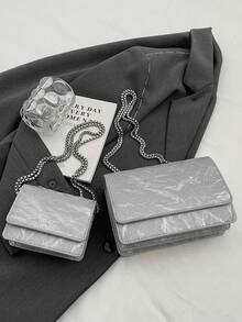 2026 New Arrival Chic Chain Strap Small Square Bag, Unique Design Shoulder Bag, Fashionable Commuter & Casual Crossbody Bag For Women - Silver - View 9