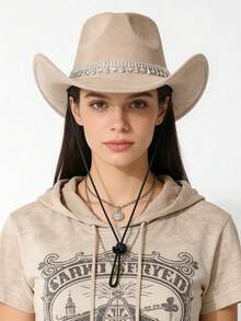 1 pieza Sombrero de vaquero de ante retro con diamante de imitación, cordón ajustable, adecuado para festivales de música, fiestas y actividades al aire libre - sombrero de copa - Ver 6