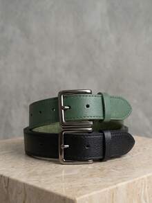 Women's Set Of Belts With Metallic Roller Buckle In Minimalist Faux Leather - Black and Green - View 1