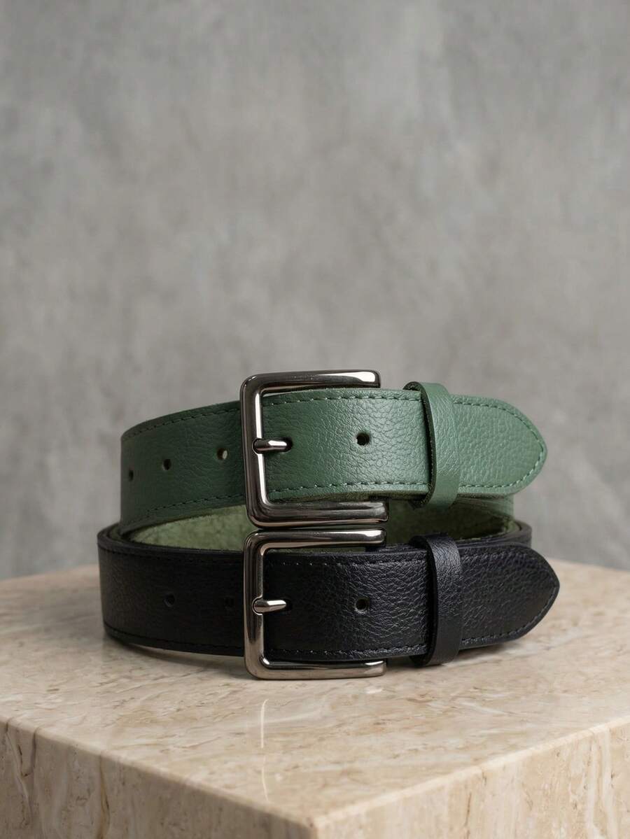 Women's Set Of Belts With Metallic Roller Buckle In Minimalist Faux Leather - Black and Green - View 1