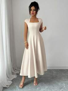 Women's Elegant Square Neck Fitted A-Line Midi Dress, Spring Summer Casual Vacation Wear - Màu be - Xem 6