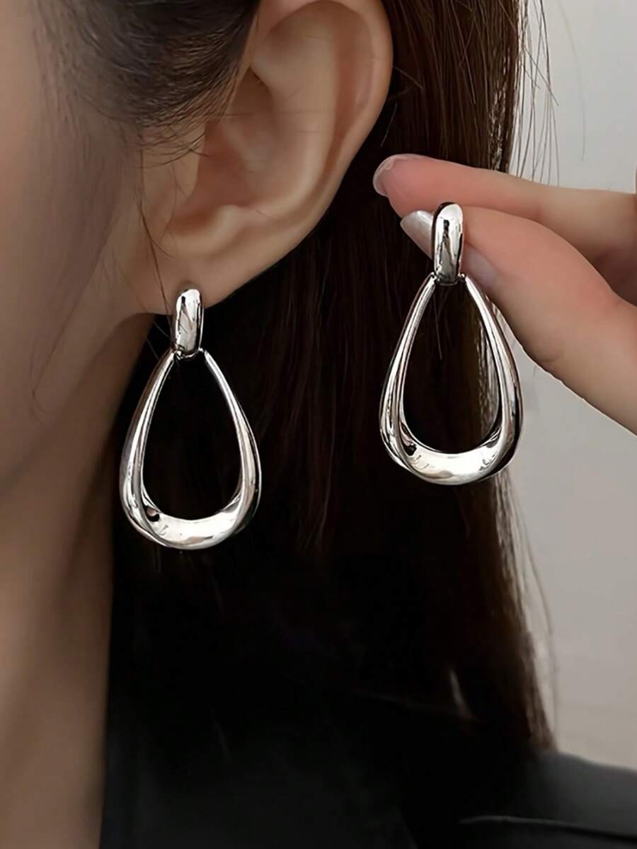 1 par de pendientes de gota de agua hueca de diseño elegante y minimalista de alta gama, versátiles, adecuados para uso diario, festivales y fiestas de mujeres - Plateado - Ver 1