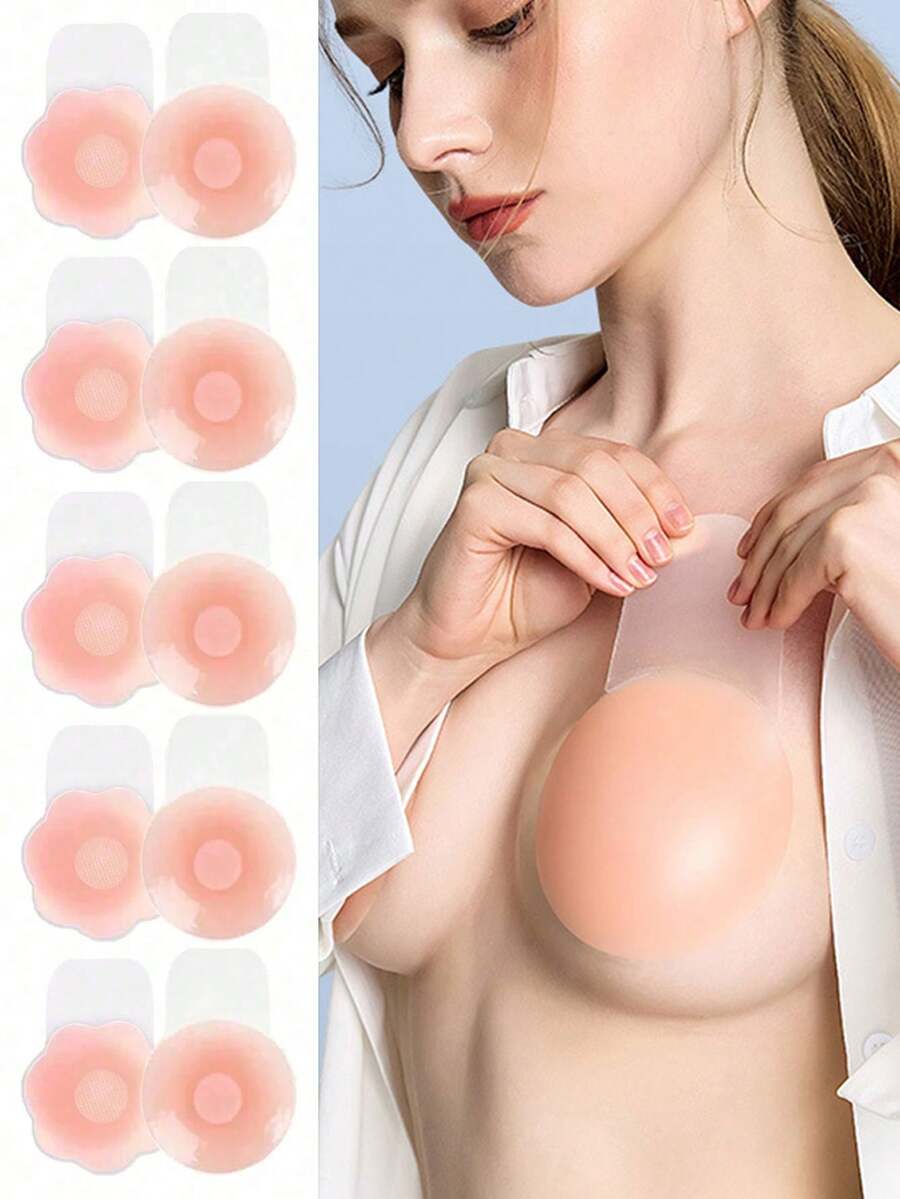 2片/10片装无缝隐形硅胶乳贴，可重复使用无背带无肩带胸贴，适用于上衣、连衣裙、派对和婚礼 - 藕粉色 - 查看 1