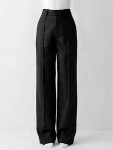 (Without Belt) Black High Waist Pleated Wide Leg Pants, Women's Business Casual Trousers For Workplace Spring - Black - View 5