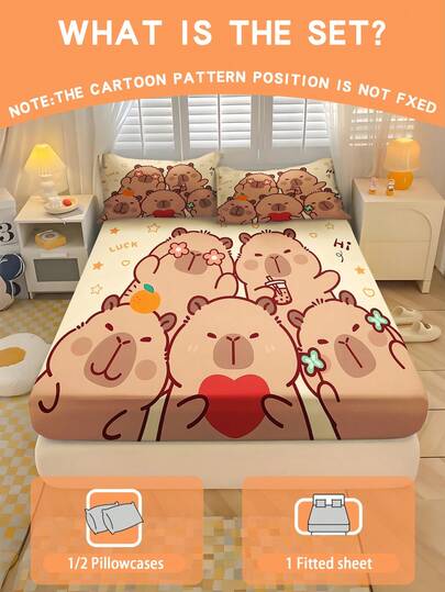1/2/3 piezas Juego de ropa de cama con estampado de capibara lindo, tamaño Queen, suave y cómodo, adecuado para dormitorio, habitación de invitados y dormitorio, funda de colchón, para todas las estaciones, 100% poliéster, tamaño 71x132cm, altura del pliegue de la cama 25cm