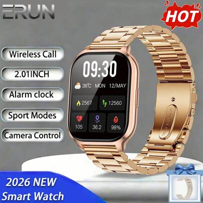 ERUN 2026新款男女通用智能手表，配备180mAh电池、2.01英寸高清屏幕、可更换硅胶和不锈钢表带、多种运动模式、天气预报、闹钟、数字显示，可充电。适合日常休闲佩戴，也是圣诞节、情人节、万圣节、生日和其他特殊场合的完美之选。