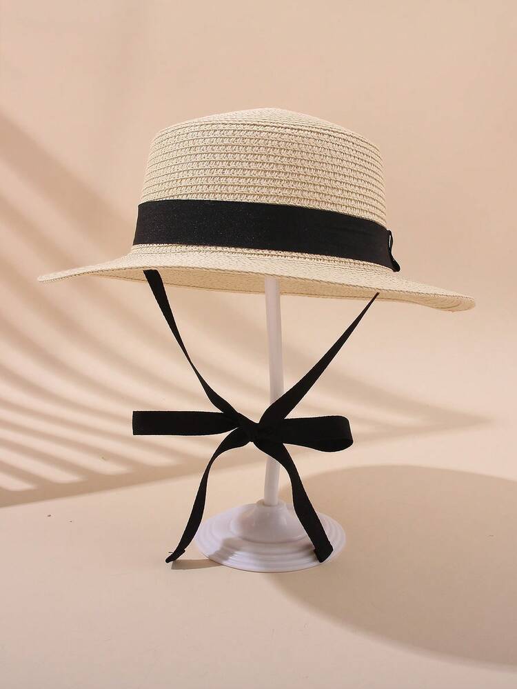 1pc Vintage Children's Straw Round Top Hat, Black Satin Ribbon Decor, Breathable & Comfortable, Suitable For Fairs And Daily Wear - 1PC - View 6
