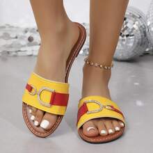 Women's Fashion Summer Sandals, Yellow-Red Color Block/Black-White Color Block, Rhinestone D-Buckle Flat One-Strap Slides, Casual Beach Slippers, Minimalist Versatile Outdoor Flip Flops - Yellow - View 7