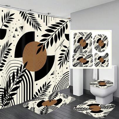 1pc/4pcs Floral Line Patchwork Multifunctional Bathroom Waterproof Shower Curtain With 12 Hooks, Anti-Slip Bath Mat, U-Shaped Toilet Mat And Round Toilet Lid Cover, Bathroom Set For All Scenarios