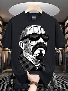 Camiseta de manga corta redonda impresa al estilo americano de moda, 180 gramos puro, ajuste unisex suelto, transpirable y rápida secado, lavable en máquina, cómoda y adecuada para primavera, verano y otoño, disponible en tallas S-3XL. - Negro - Ver 1