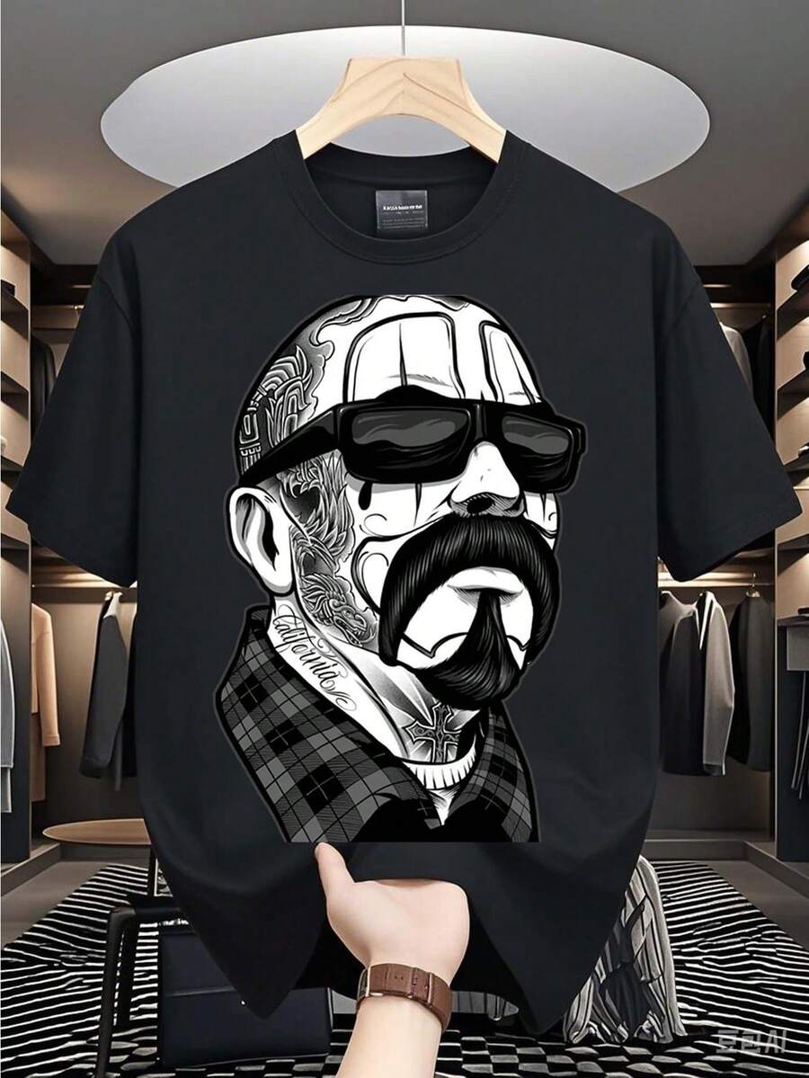 Camiseta de manga corta redonda impresa al estilo americano de moda, 180 gramos puro, ajuste unisex suelto, transpirable y rápida secado, lavable en máquina, cómoda y adecuada para primavera, verano y otoño, disponible en tallas S-3XL. - Negro - Ver 1