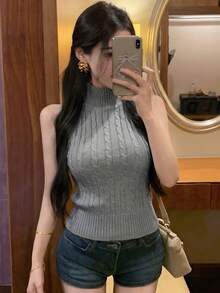 Turtleneck Cable Knit Vest For Women, Sexy Slim Fit Sleeveless Top Summer - Grey - View 6