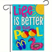 一面印有“泳池边的生活更美好”字样的花园旗帜，双面设计，采用涤纶材质，展现充满活力的夏日风情，图案包括火烈鸟和沙滩球。是美化泳池区域的理想之选。 - A - 查看 1