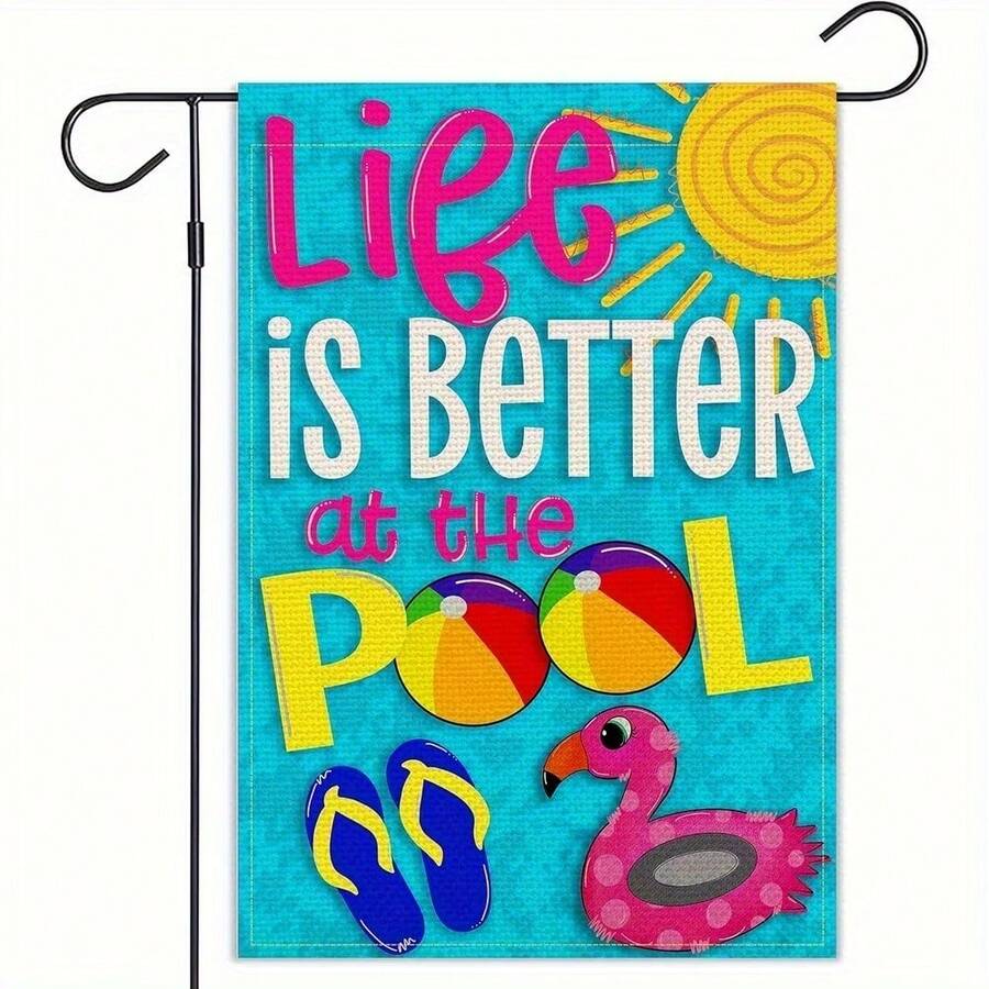 一面印有“泳池边的生活更美好”字样的花园旗帜，双面设计，采用涤纶材质，展现充满活力的夏日风情，图案包括火烈鸟和沙滩球。是美化泳池区域的理想之选。 - A - 查看 1