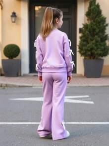 2pcs Girls Casual Sweatshirt And Flare Pants Set, Bow Decor Long Sleeve Crew Neck Top And Elegant Flared Trousers, Comfortable And Fashionable For Spring/Autumn - Lilac Purple - View 3