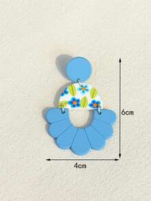 1对女士几何海军蓝叶子和花卉印花陶瓷纹理镂空亚克力优雅可爱耳环 - 彩色 - 查看 7