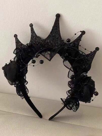 1pc Black Rose Lace Crown Headband, Easter Dark Floral Hair Accessory, Queen's Day Costume Headpiece, Cute Goth Party Prop Hair Clip, Suitable For Cosplay, Party, Decoration, Gift