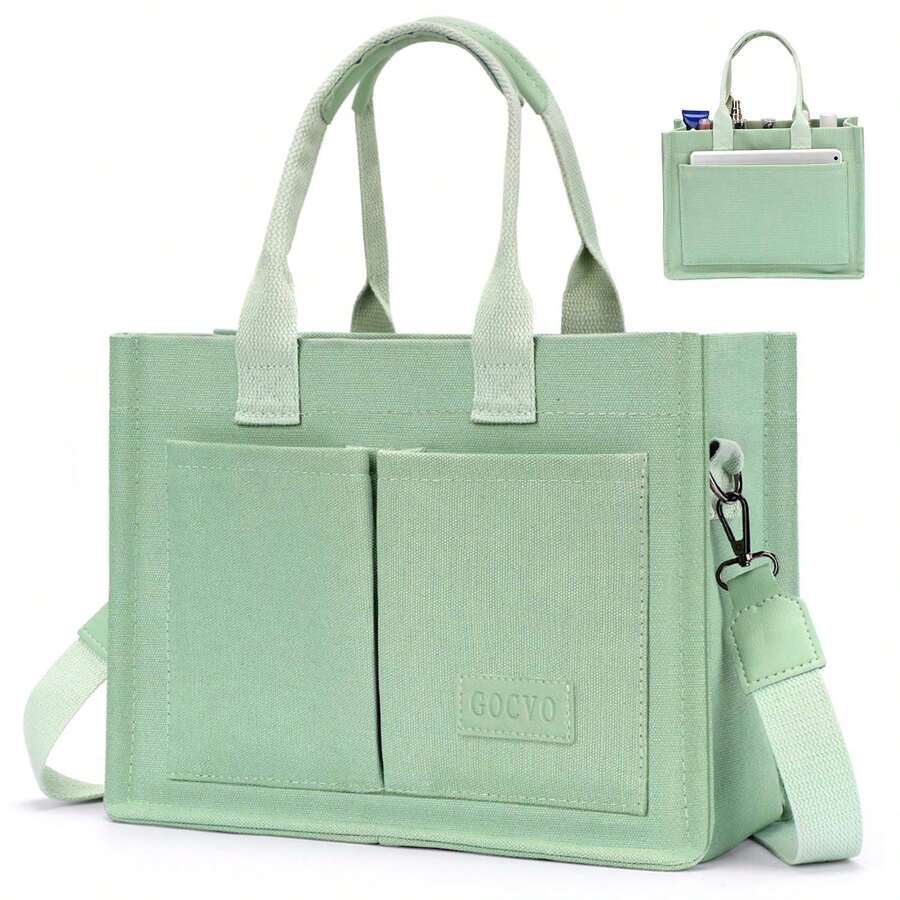 Large Capacity Canvas Tote Bag For Women,Women's Bags Crossbody Bags Work Laptop Tote Bag Large Handbags Purse, With Zipper Closure & Individual Compartments For Work College For Teacher & Nurse Crossbody Work Bible Messenger Purse Bag With Pockets - 豆綠 - 查看 1