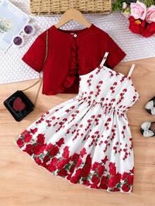 年轻女孩两件套时尚休闲荷叶边开衫短袖夹克套装搭配玫瑰图案吊带裙，春夏日常度假新品 - 酒紅色 - 查看 2