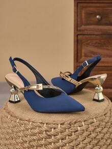WHDXY Giày cao gót hở gót màu xanh dương thanh lịch kiểu Pháp, chất liệu da lộn, gót bất đối xứng, kiểu dáng sang trọng dành cho các buổi tiệc và hẹn hò. - Xanh đậm - Xem 4