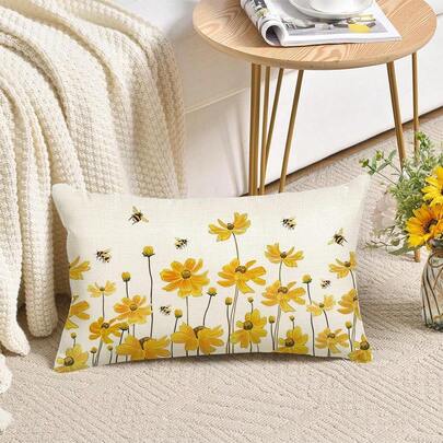 1件夏季家居装饰，黄色蜜蜂腰枕装饰枕套，适用于沙发，雏菊农舍风格户外靠垫套，芥末色枕套，单面设计，不含枕芯