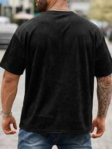 Plus Size Men's Summer Casual Solid Color Versatile Soft Breathable Suede-Like Fabric Outdoor Leisure Round Neck Short Sleeve T-Shirt - Black - View 2