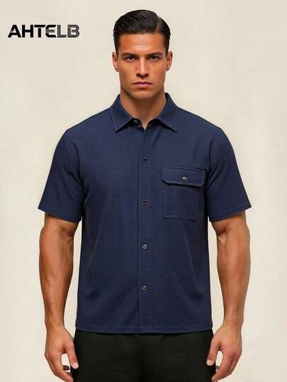  AHTELB Men's Casual Short Sleeve Shirt, Lightweight Breathable Solid Color Button-Down Shirt, Regular Fit Suitable For Daily Commute, Sports, Beach, Pool Party And Casual Wear