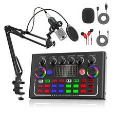 F009 DJ音频混音器套装，含BM800麦克风，专业播客设备音频接口DJ混音器，支持蓝牙、语音转换器、16种音效、降噪功能，适用于直播、播客、游戏、唱歌、卡拉OK等音频应用。 - 查看 11