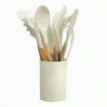 12件套硅胶厨具套装，带木柄、不粘锅具和收纳桶 - 彩色 - 查看 3