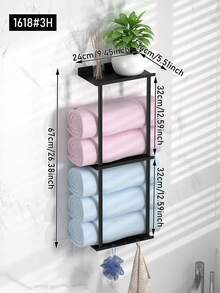 1pc No Drill Towel Rack - Self-Adhesive Towel Rack With Shelf, Bathroom Towel Rack, Can Be Stuck On Bathroom Wall - Black - View 3