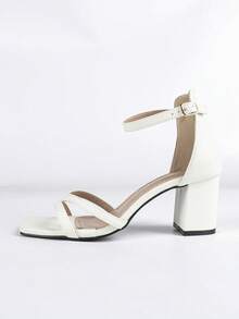 女士夏季高跟凉鞋，白色优雅性感时尚高跟露趾凉鞋，粗跟新娘婚鞋 - 白色 - 查看 6