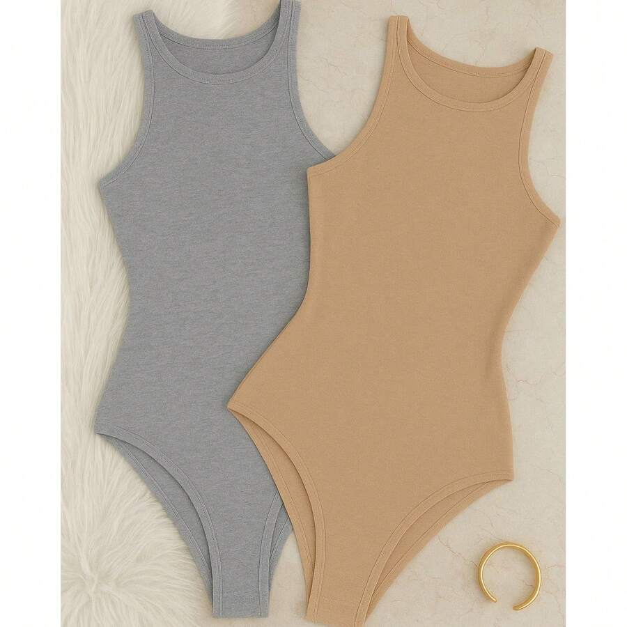 Set Of 2 Women's Basic Tank Top Bodysuits With Round Neck, Casual Style, Lined Second Skin, Chic And Timeless - 灰色/裸色 - 查看 1